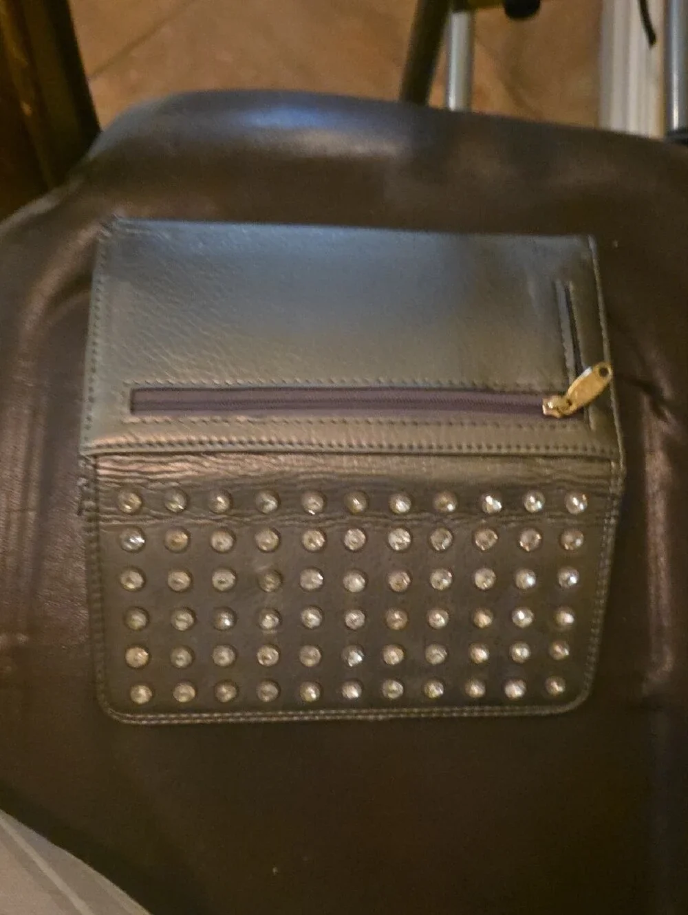Studded Black Leather Wallet - Chic Metallic Accents